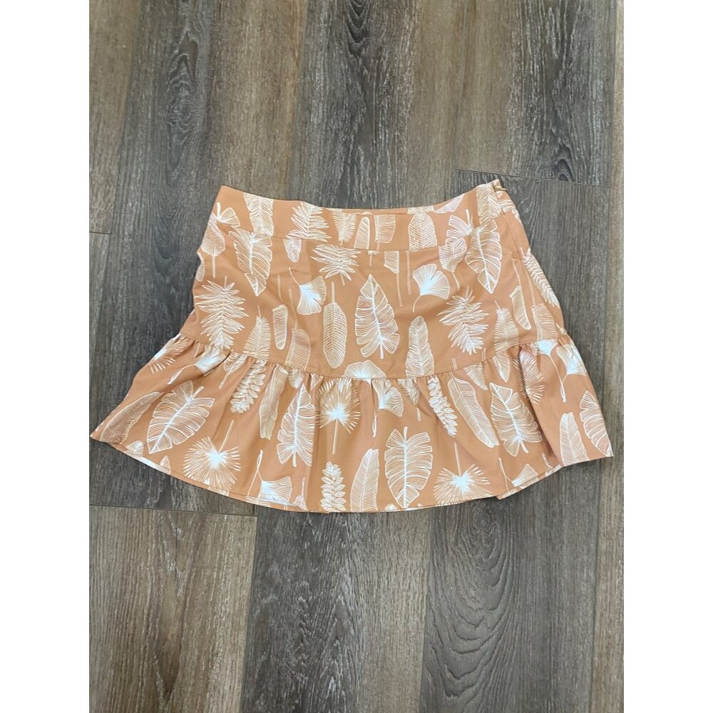 OTG Ruffled Tan and White Leaf Mini Skirt Women’s Size L Side Zip.